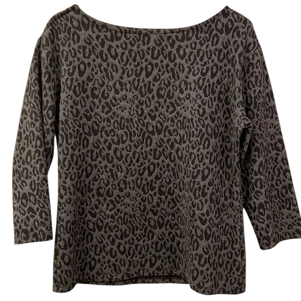 Talbots Animal Print Jersey Top Grey Black  3/4 Sleeves Rounded Neckline SZ S 🐆
